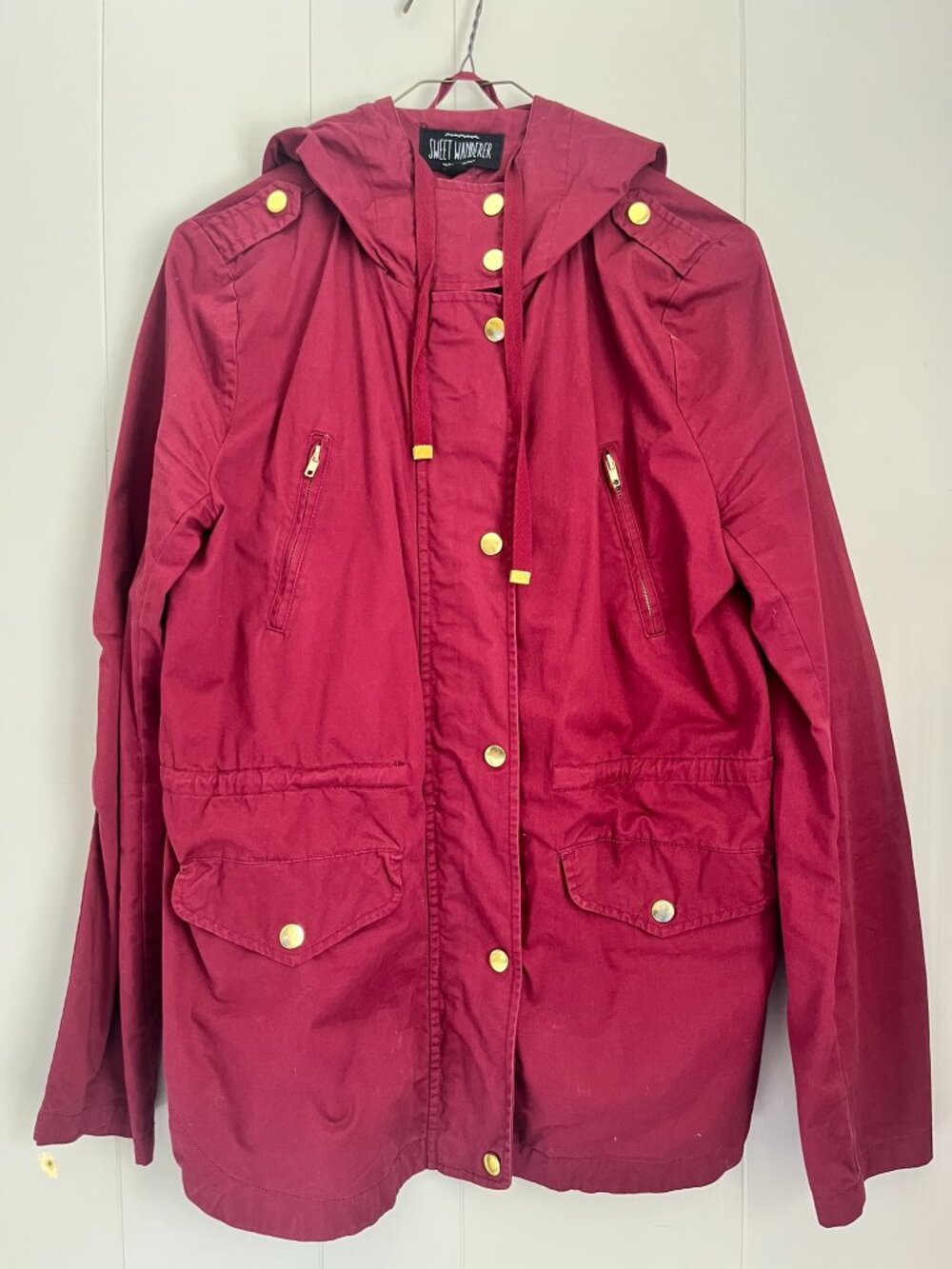 Sweet Wanderer Burgundy Hooded Utility Jacket Women's L Cotton